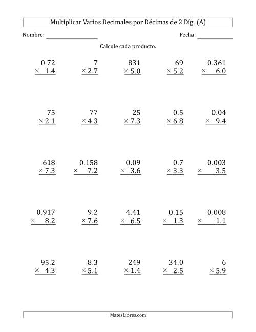 La hoja de ejercicios de Multiplicar Varios Decimales por Décimas de 2 Díg. (Todas)