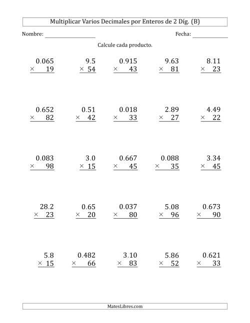 La hoja de ejercicios de Multiplicar Varios Decimales por Enteros de 2 Díg. (B)
