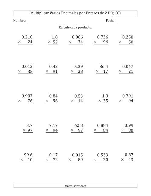 La hoja de ejercicios de Multiplicar Varios Decimales por Enteros de 2 Díg. (C)