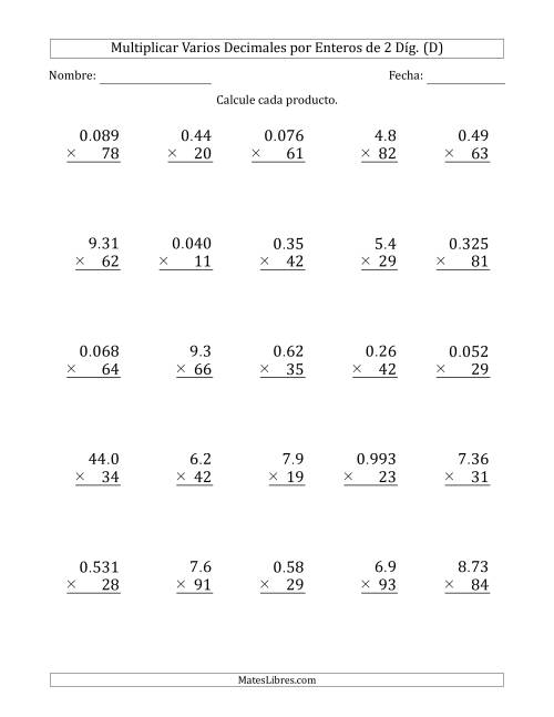 La hoja de ejercicios de Multiplicar Varios Decimales por Enteros de 2 Díg. (D)