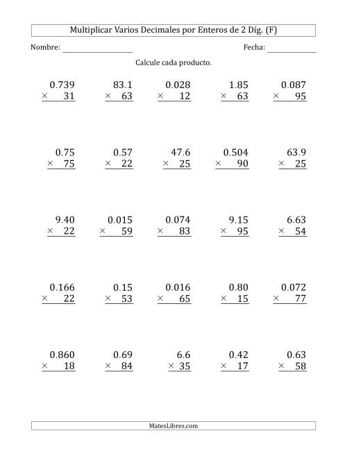 La hoja de ejercicios de Multiplicar Varios Decimales por Enteros de 2 Díg. (F)