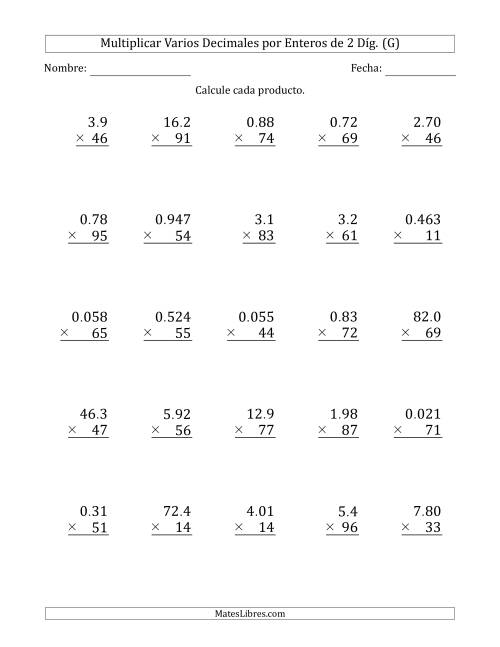 La hoja de ejercicios de Multiplicar Varios Decimales por Enteros de 2 Díg. (G)