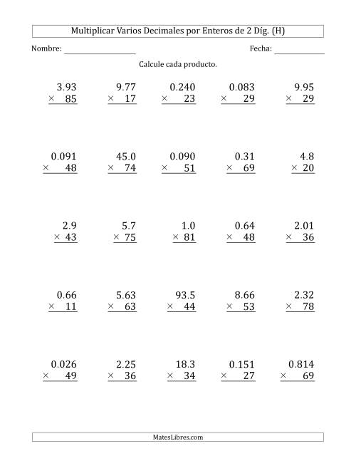 La hoja de ejercicios de Multiplicar Varios Decimales por Enteros de 2 Díg. (H)