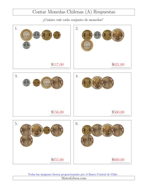La hoja de ejercicios de Contar Colecciones Pequeñas de Monedas Chilenas (A) Página 2