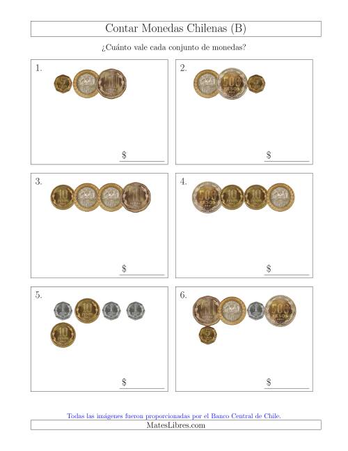 La hoja de ejercicios de Contar Colecciones Pequeñas de Monedas Chilenas (B)