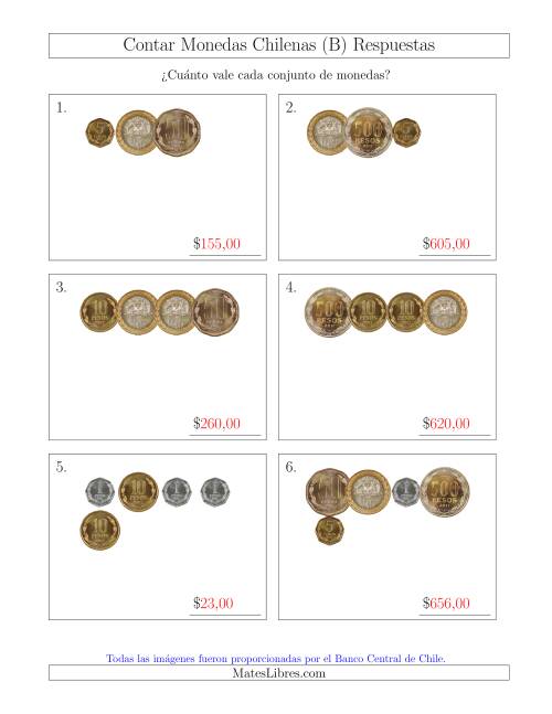 La hoja de ejercicios de Contar Colecciones Pequeñas de Monedas Chilenas (B) Página 2