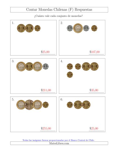 La hoja de ejercicios de Contar Colecciones Pequeñas de Monedas Chilenas (F) Página 2