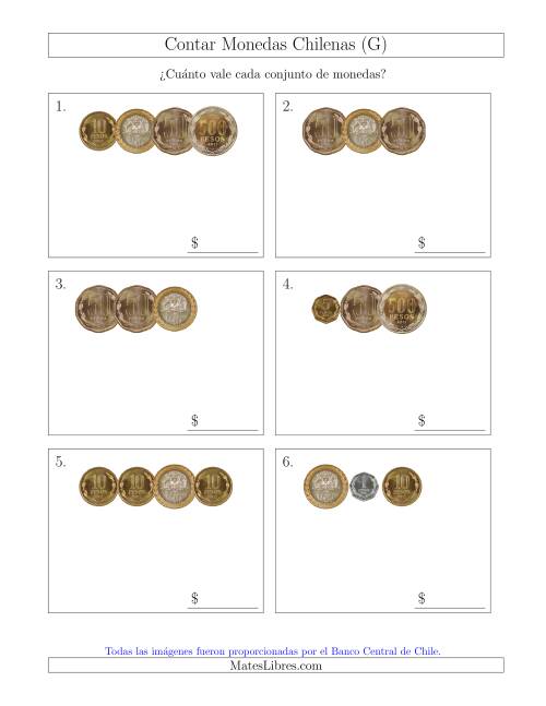 La hoja de ejercicios de Contar Colecciones Pequeñas de Monedas Chilenas (G)