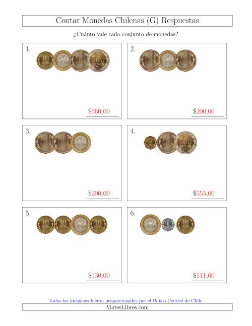 La hoja de ejercicios de Contar Colecciones Pequeñas de Monedas Chilenas (G) Página 2