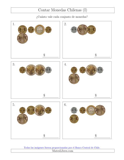 La hoja de ejercicios de Contar Colecciones Pequeñas de Monedas Chilenas (I)
