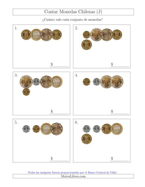 La hoja de ejercicios de Contar Colecciones Pequeñas de Monedas Chilenas (J)