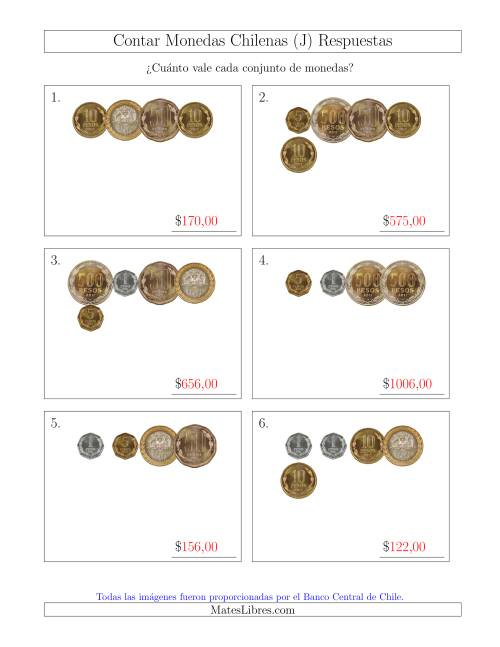 La hoja de ejercicios de Contar Colecciones Pequeñas de Monedas Chilenas (J) Página 2