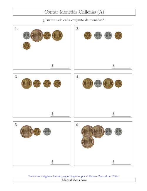 La hoja de ejercicios de Contar Colecciones Pequeñas de Monedas Chilenas sin Monedas de 100 ó 500 (A)