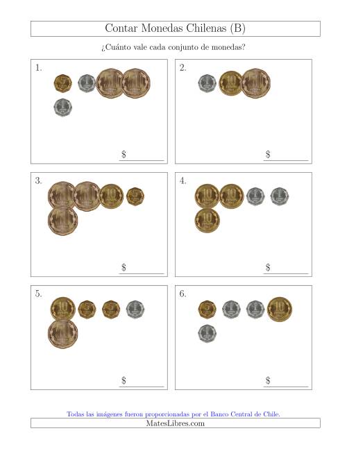 La hoja de ejercicios de Contar Colecciones Pequeñas de Monedas Chilenas sin Monedas de 100 ó 500 (B)