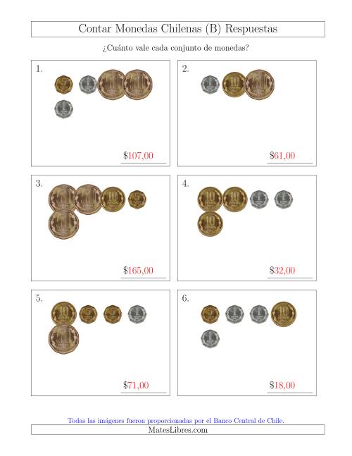 La hoja de ejercicios de Contar Colecciones Pequeñas de Monedas Chilenas sin Monedas de 100 ó 500 (B) Página 2