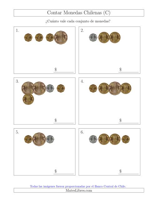 La hoja de ejercicios de Contar Colecciones Pequeñas de Monedas Chilenas sin Monedas de 100 ó 500 (C)