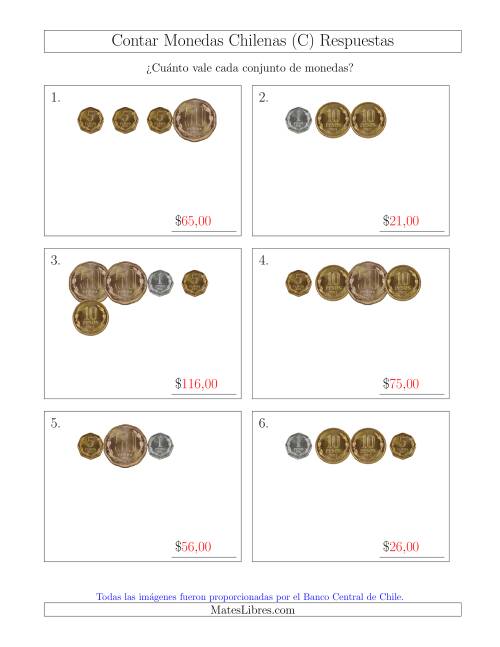 La hoja de ejercicios de Contar Colecciones Pequeñas de Monedas Chilenas sin Monedas de 100 ó 500 (C) Página 2