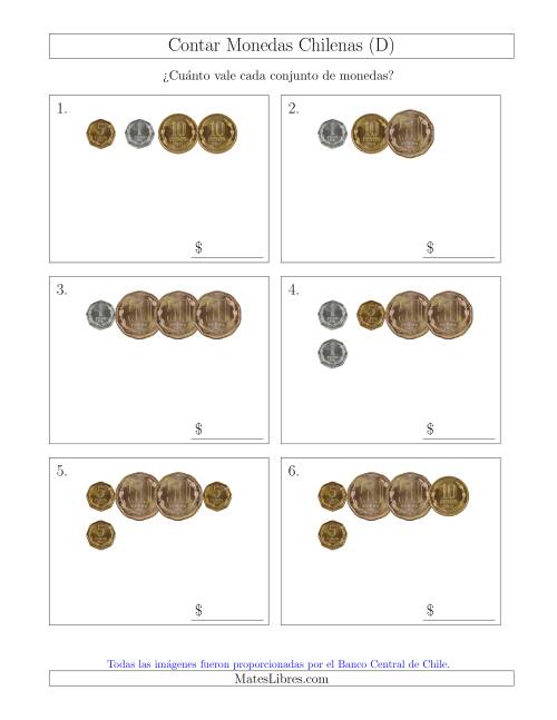 La hoja de ejercicios de Contar Colecciones Pequeñas de Monedas Chilenas sin Monedas de 100 ó 500 (D)