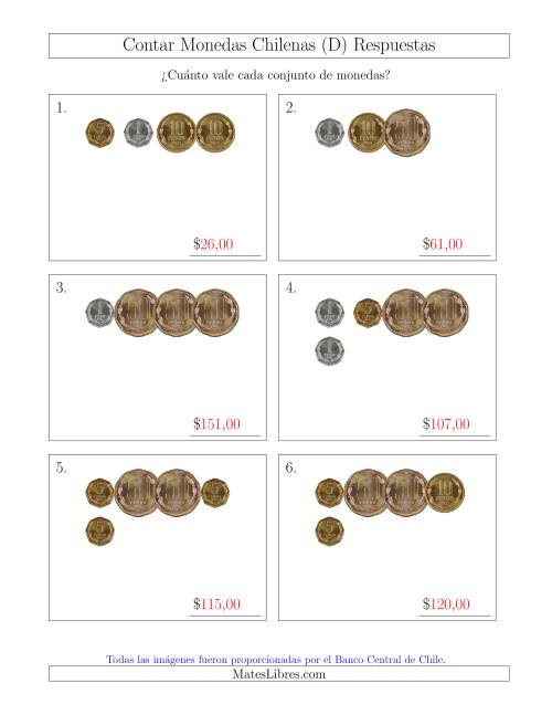 La hoja de ejercicios de Contar Colecciones Pequeñas de Monedas Chilenas sin Monedas de 100 ó 500 (D) Página 2