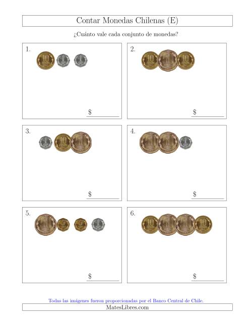 La hoja de ejercicios de Contar Colecciones Pequeñas de Monedas Chilenas sin Monedas de 100 ó 500 (E)