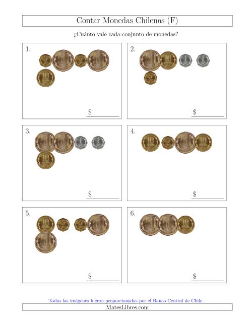 La hoja de ejercicios de Contar Colecciones Pequeñas de Monedas Chilenas sin Monedas de 100 ó 500 (F)