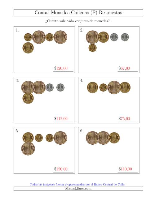 La hoja de ejercicios de Contar Colecciones Pequeñas de Monedas Chilenas sin Monedas de 100 ó 500 (F) Página 2
