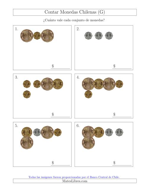 La hoja de ejercicios de Contar Colecciones Pequeñas de Monedas Chilenas sin Monedas de 100 ó 500 (G)