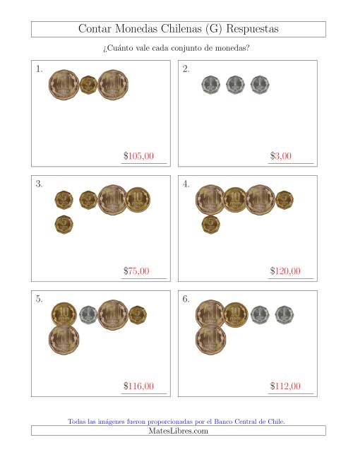 La hoja de ejercicios de Contar Colecciones Pequeñas de Monedas Chilenas sin Monedas de 100 ó 500 (G) Página 2