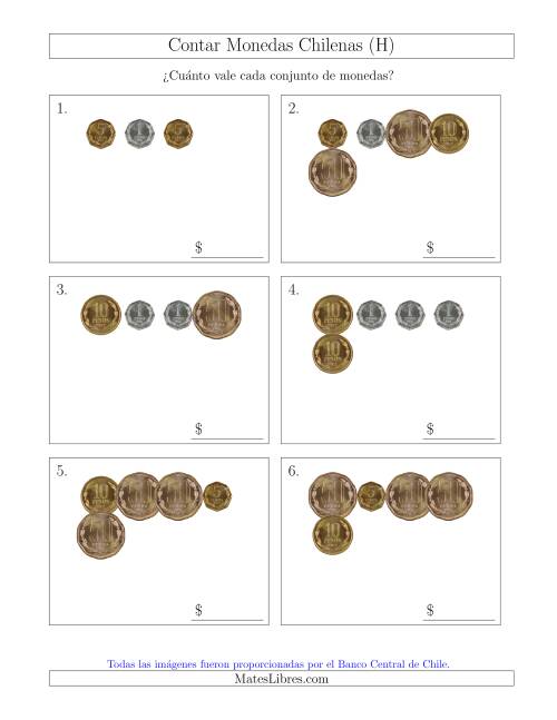 La hoja de ejercicios de Contar Colecciones Pequeñas de Monedas Chilenas sin Monedas de 100 ó 500 (H)