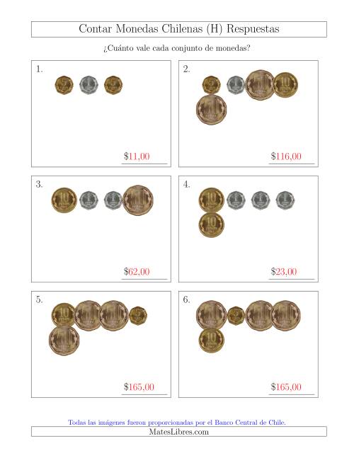 La hoja de ejercicios de Contar Colecciones Pequeñas de Monedas Chilenas sin Monedas de 100 ó 500 (H) Página 2