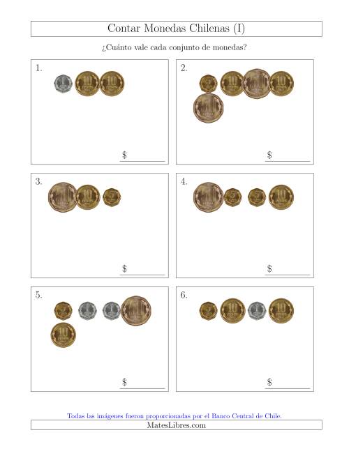 La hoja de ejercicios de Contar Colecciones Pequeñas de Monedas Chilenas sin Monedas de 100 ó 500 (I)