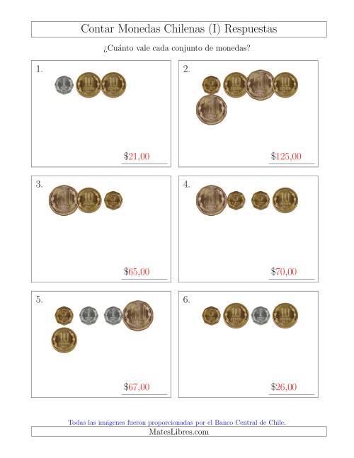 La hoja de ejercicios de Contar Colecciones Pequeñas de Monedas Chilenas sin Monedas de 100 ó 500 (I) Página 2