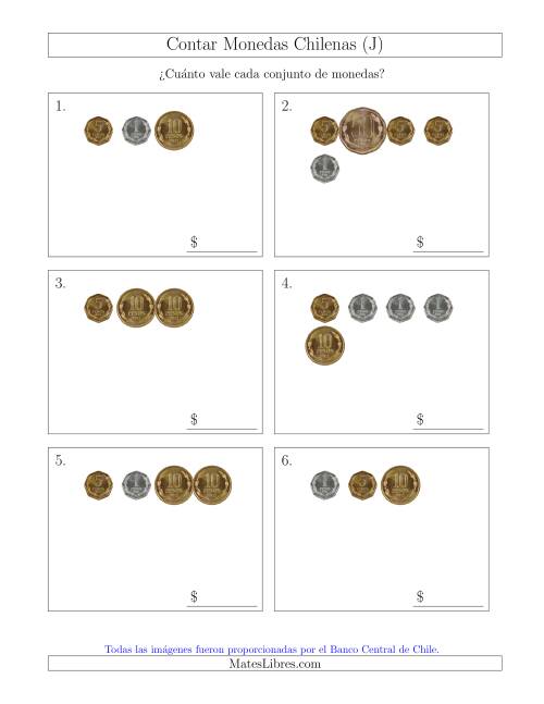 La hoja de ejercicios de Contar Colecciones Pequeñas de Monedas Chilenas sin Monedas de 100 ó 500 (J)