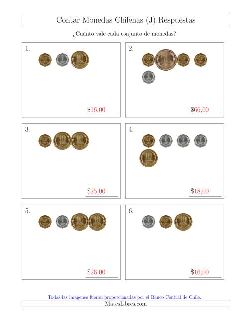 La hoja de ejercicios de Contar Colecciones Pequeñas de Monedas Chilenas sin Monedas de 100 ó 500 (J) Página 2