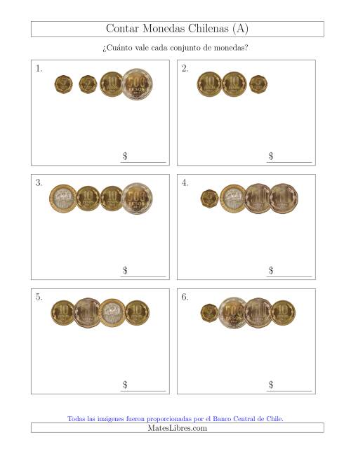 La hoja de ejercicios de Contar Colecciones Pequeñas de Monedas Chilenas sin Monedas de 1 (A)