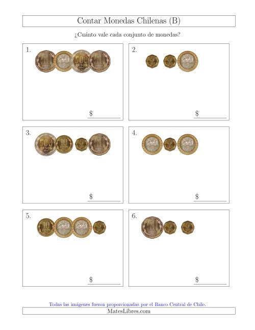 La hoja de ejercicios de Contar Colecciones Pequeñas de Monedas Chilenas sin Monedas de 1 (B)