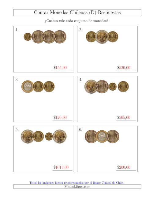 La hoja de ejercicios de Contar Colecciones Pequeñas de Monedas Chilenas sin Monedas de 1 (D) Página 2