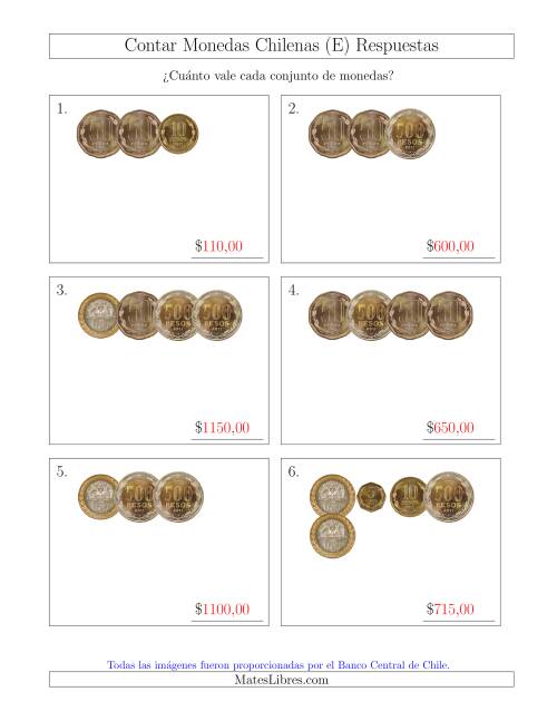 La hoja de ejercicios de Contar Colecciones Pequeñas de Monedas Chilenas sin Monedas de 1 (E) Página 2