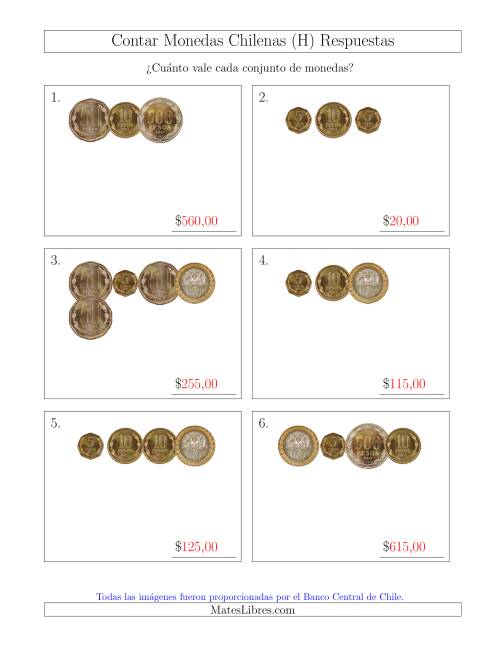 La hoja de ejercicios de Contar Colecciones Pequeñas de Monedas Chilenas sin Monedas de 1 (H) Página 2