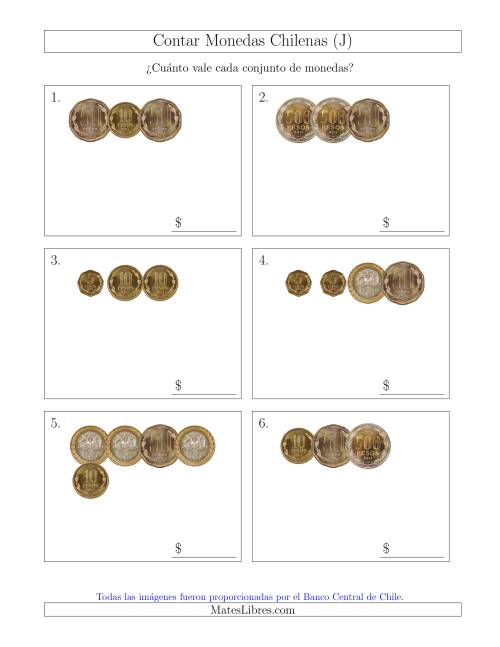 La hoja de ejercicios de Contar Colecciones Pequeñas de Monedas Chilenas sin Monedas de 1 (J)