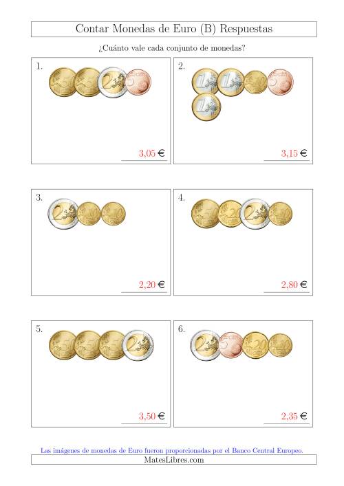 La hoja de ejercicios de Contar Colecciones Pequeñas de Monedas de Euro sin Monedas de 1 ó 2 Céntimos (B) Página 2