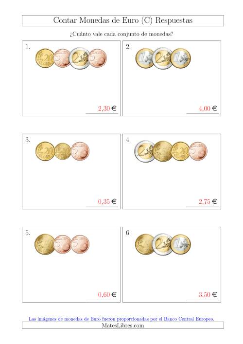 La hoja de ejercicios de Contar Colecciones Pequeñas de Monedas de Euro sin Monedas de 1 ó 2 Céntimos (C) Página 2