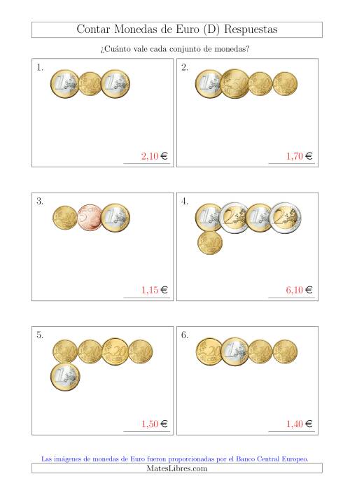La hoja de ejercicios de Contar Colecciones Pequeñas de Monedas de Euro sin Monedas de 1 ó 2 Céntimos (D) Página 2