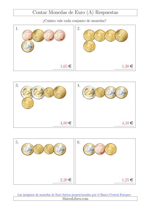 La hoja de ejercicios de Contar Colecciones Pequeñas de Monedas de Euro sin Monedas de 1 ó 2 Céntimos (Todas) Página 2