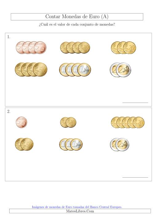 La hoja de ejercicios de Contar Monedas de Euro sin Monedas de 1 ó 2 Céntimos (Fácil) (Viejas)
