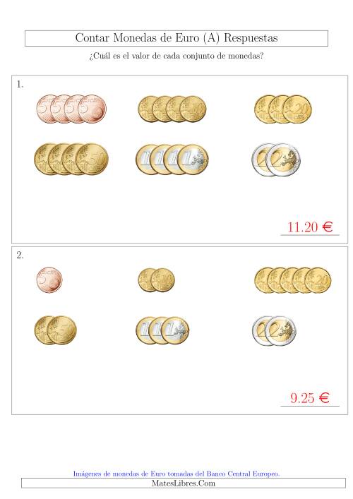 La hoja de ejercicios de Contar Monedas de Euro sin Monedas de 1 ó 2 Céntimos (Fácil) (Viejas) Página 2
