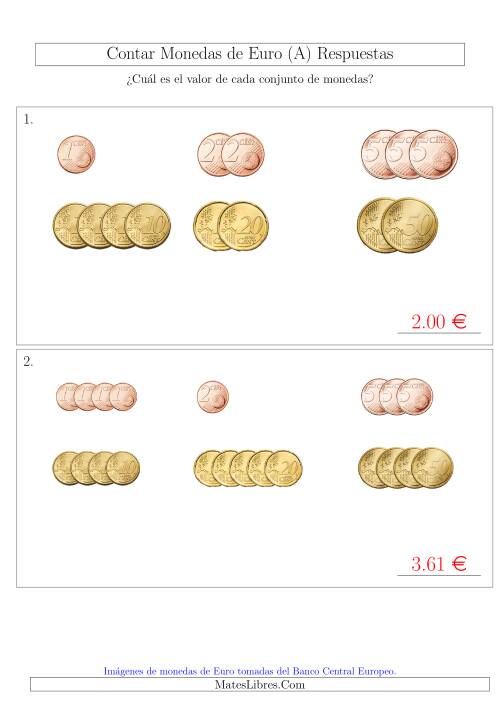 La hoja de ejercicios de Contar Monedas de Euro sin Monedas de 1 ó 2 Euro (Fácil) (Viejas) Página 2