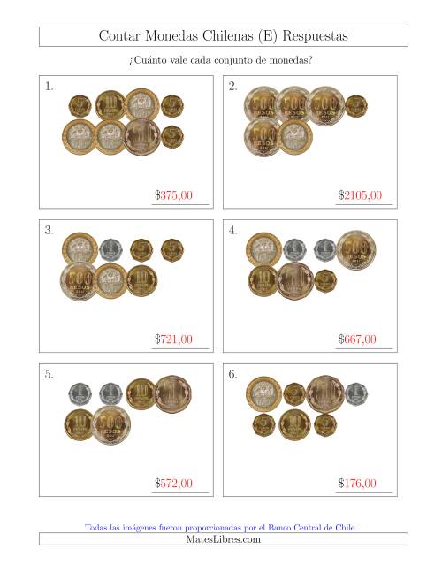 La hoja de ejercicios de Contar Colecciones de Monedas Chilenas (E) Página 2