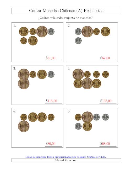La hoja de ejercicios de Contar Colecciones de Monedas Chilenas sin Monedas de 100 ó 500 (A) Página 2