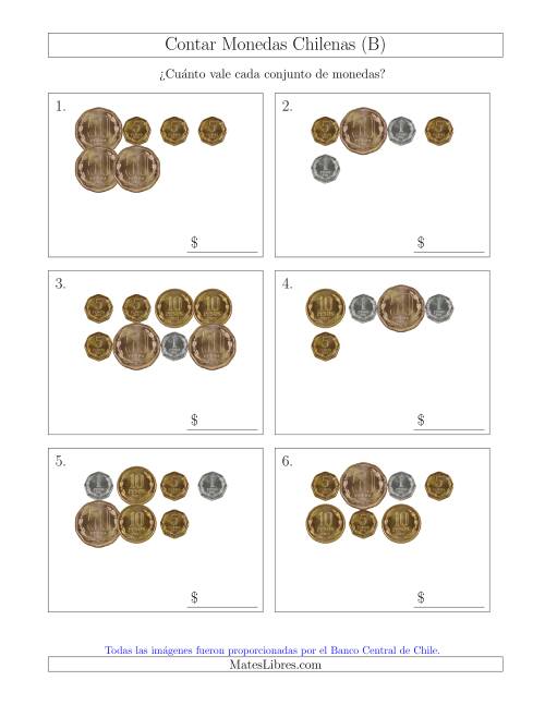 La hoja de ejercicios de Contar Colecciones de Monedas Chilenas sin Monedas de 100 ó 500 (B)